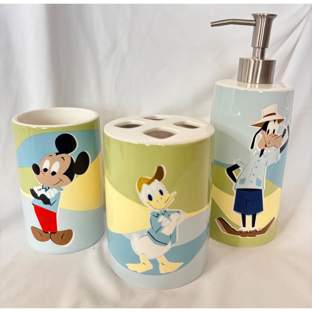 Disney Bathroom Accessory Set OS Multi Mickey Donald Goofy Ceramic 3pc Beach